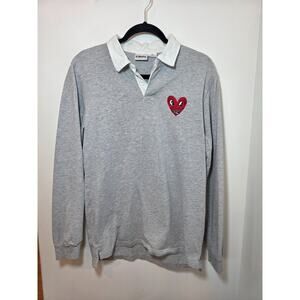 Keith Haring Women's Gray Long Sleeve Rugby Polo T Shirt Small Embroidered Heart